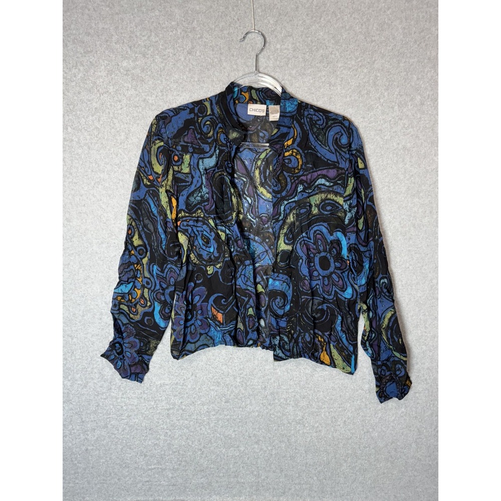 Chicos Jacket‎ Womens Size 0 Blue Black Abstract Floral Print Boho Sheer Rayon